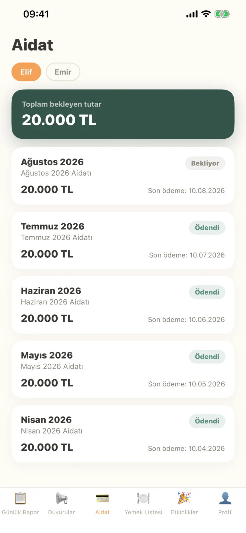 Minik Bulut uygulamasının aidat ekranı: aylara göre ödenen ve bekleyen aidatlar