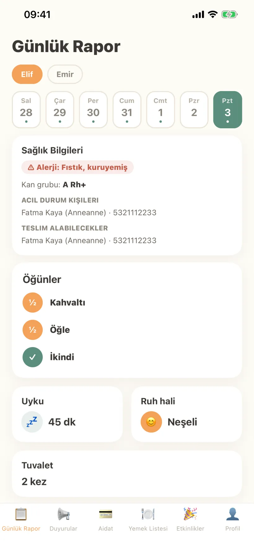 Minik Bulut uygulamasının günlük rapor ekranı: sağlık bilgileri, öğünler, uyku ve ruh hali